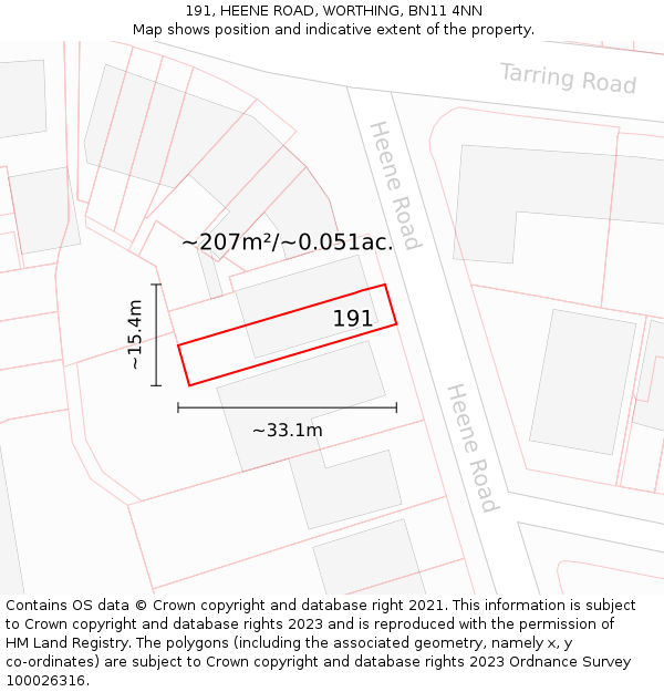 191, HEENE ROAD, WORTHING, BN11 4NN: Plot and title map