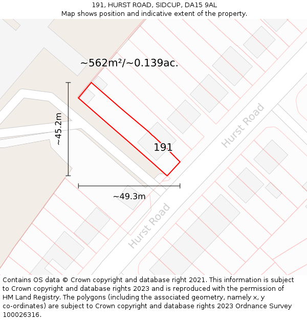 191, HURST ROAD, SIDCUP, DA15 9AL: Plot and title map