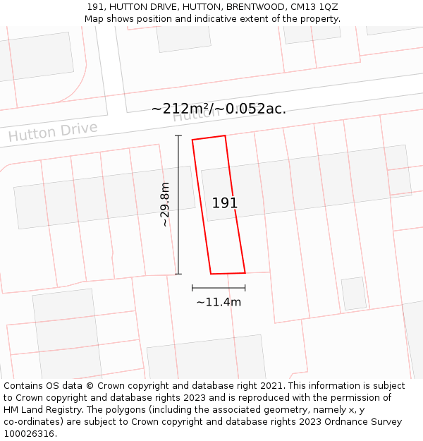 191, HUTTON DRIVE, HUTTON, BRENTWOOD, CM13 1QZ: Plot and title map