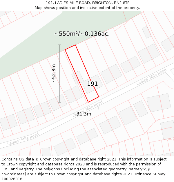 191, LADIES MILE ROAD, BRIGHTON, BN1 8TF: Plot and title map