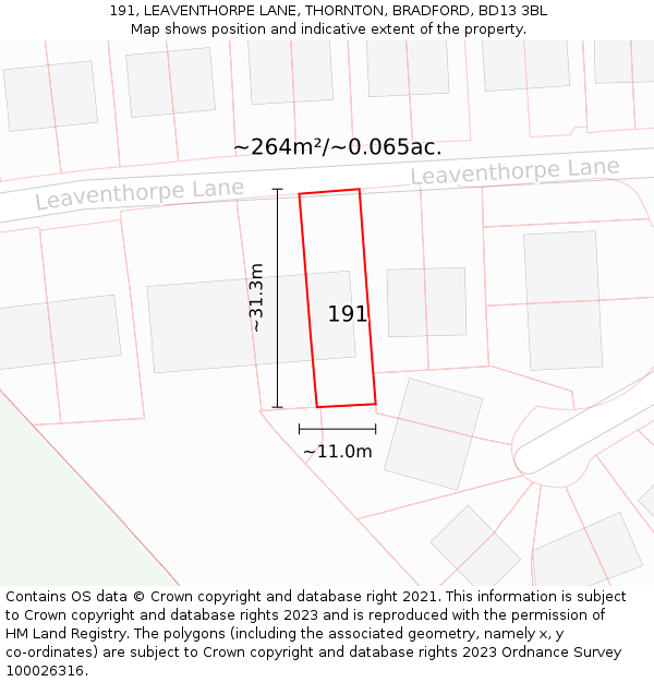 191, LEAVENTHORPE LANE, THORNTON, BRADFORD, BD13 3BL: Plot and title map