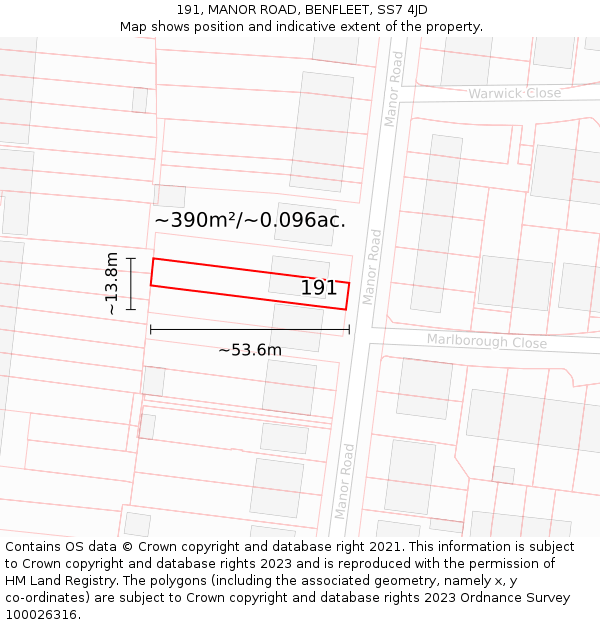191, MANOR ROAD, BENFLEET, SS7 4JD: Plot and title map