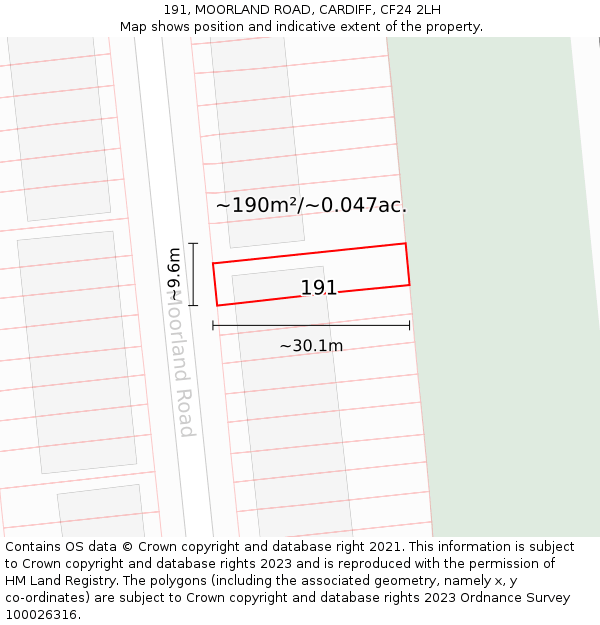 191, MOORLAND ROAD, CARDIFF, CF24 2LH: Plot and title map