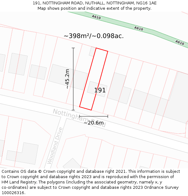 191, NOTTINGHAM ROAD, NUTHALL, NOTTINGHAM, NG16 1AE: Plot and title map