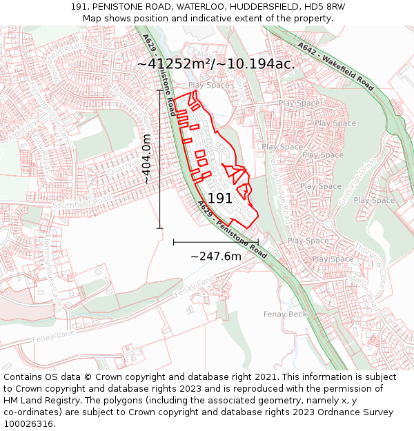 191, PENISTONE ROAD, WATERLOO, HUDDERSFIELD, HD5 8RW: Plot and title map