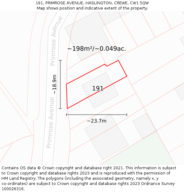 191, PRIMROSE AVENUE, HASLINGTON, CREWE, CW1 5QW: Plot and title map