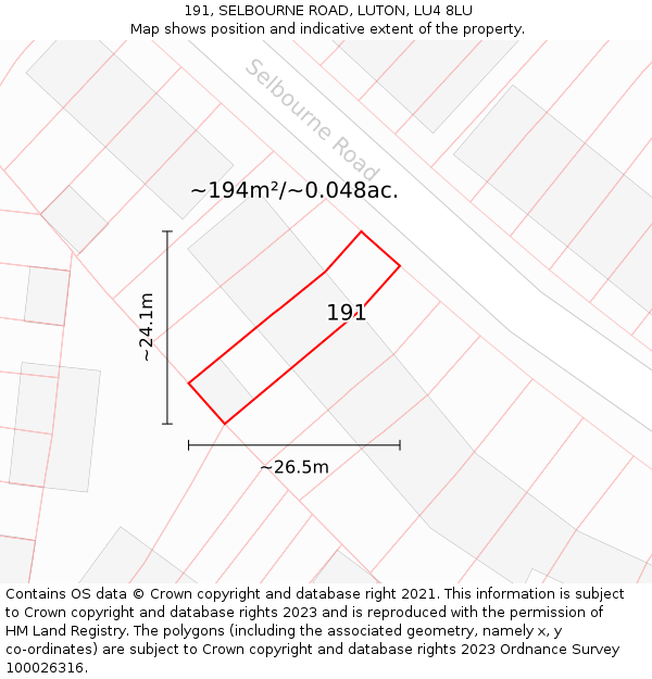 191, SELBOURNE ROAD, LUTON, LU4 8LU: Plot and title map
