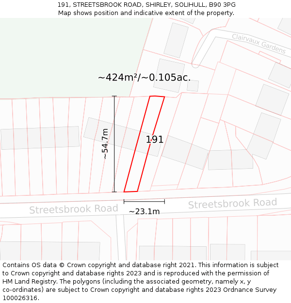 191, STREETSBROOK ROAD, SHIRLEY, SOLIHULL, B90 3PG: Plot and title map