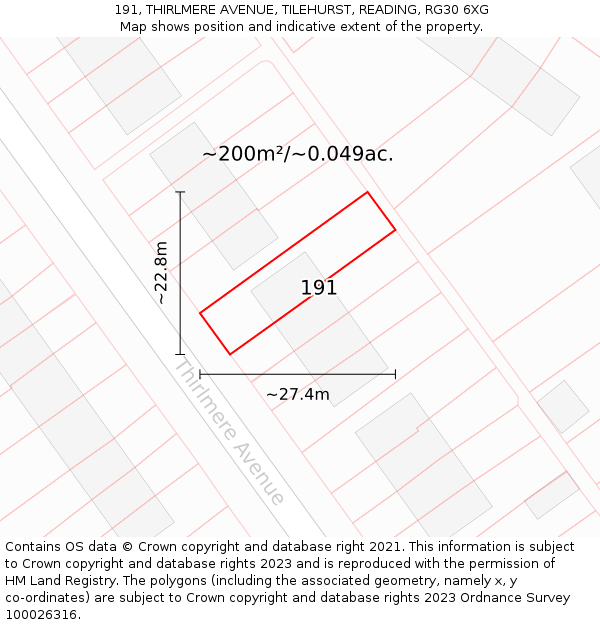191, THIRLMERE AVENUE, TILEHURST, READING, RG30 6XG: Plot and title map