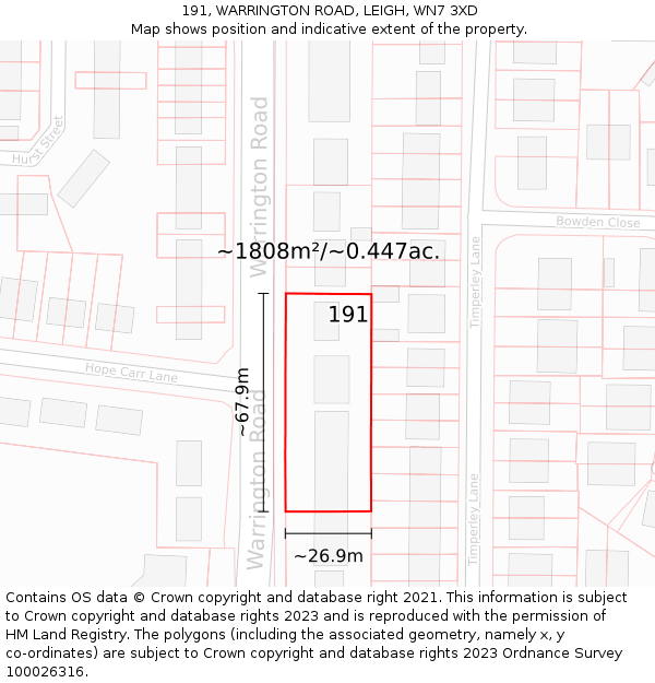 191, WARRINGTON ROAD, LEIGH, WN7 3XD: Plot and title map