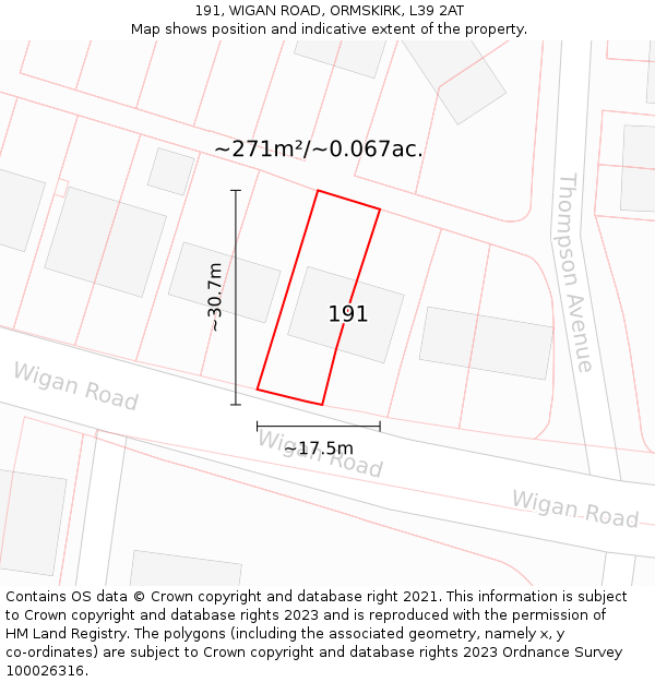 191, WIGAN ROAD, ORMSKIRK, L39 2AT: Plot and title map