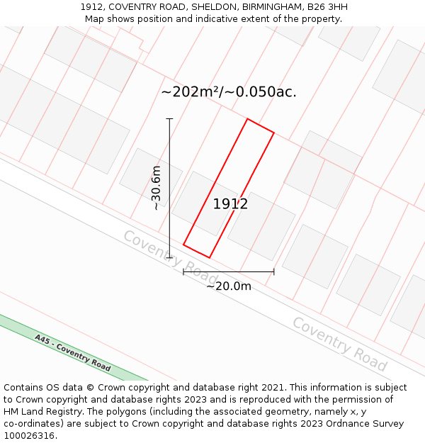 1912, COVENTRY ROAD, SHELDON, BIRMINGHAM, B26 3HH: Plot and title map