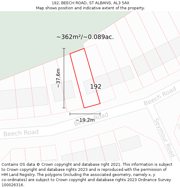 192, BEECH ROAD, ST ALBANS, AL3 5AX: Plot and title map