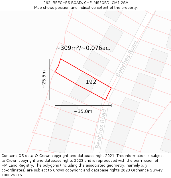192, BEECHES ROAD, CHELMSFORD, CM1 2SA: Plot and title map