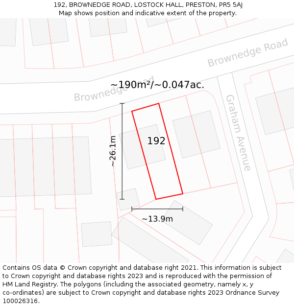 192, BROWNEDGE ROAD, LOSTOCK HALL, PRESTON, PR5 5AJ: Plot and title map