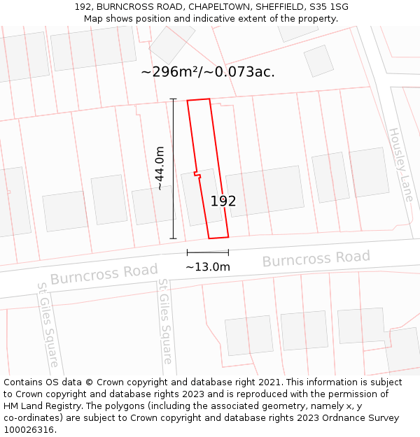 192, BURNCROSS ROAD, CHAPELTOWN, SHEFFIELD, S35 1SG: Plot and title map