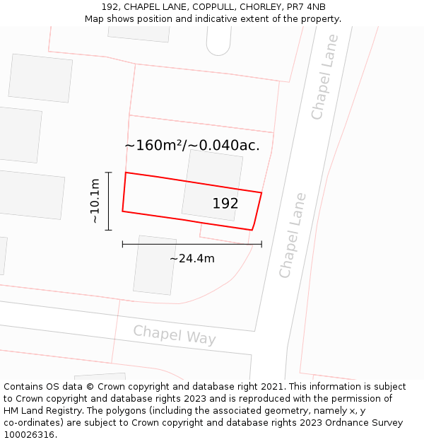 192, CHAPEL LANE, COPPULL, CHORLEY, PR7 4NB: Plot and title map