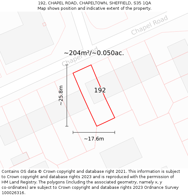 192, CHAPEL ROAD, CHAPELTOWN, SHEFFIELD, S35 1QA: Plot and title map