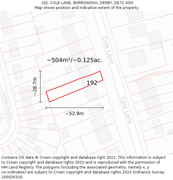 192, COLE LANE, BORROWASH, DERBY, DE72 3GN: Plot and title map