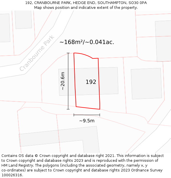 192, CRANBOURNE PARK, HEDGE END, SOUTHAMPTON, SO30 0PA: Plot and title map