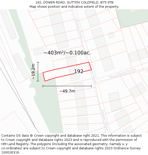 192, DOWER ROAD, SUTTON COLDFIELD, B75 6TB: Plot and title map