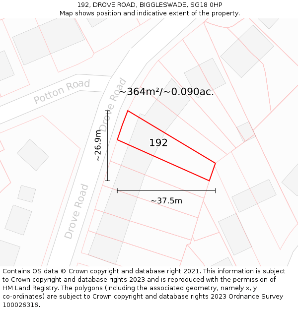 192, DROVE ROAD, BIGGLESWADE, SG18 0HP: Plot and title map