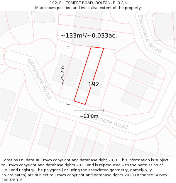 192, ELLESMERE ROAD, BOLTON, BL3 3JN: Plot and title map