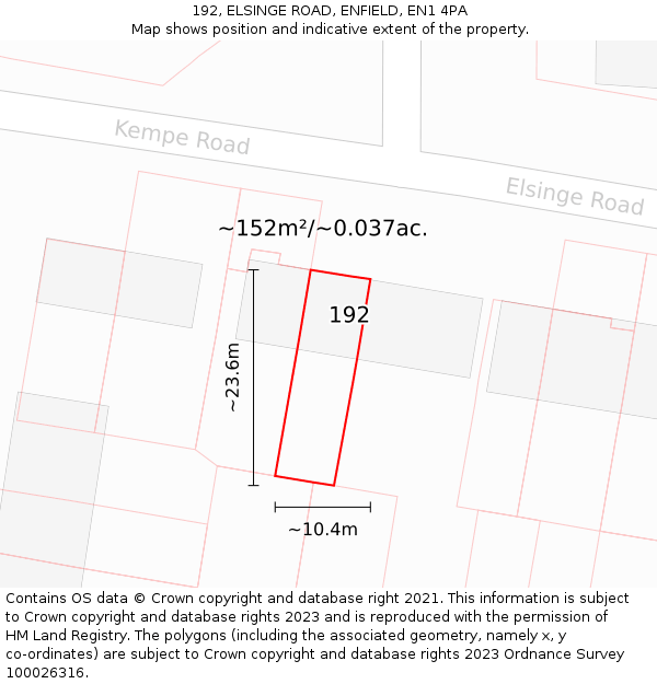 192, ELSINGE ROAD, ENFIELD, EN1 4PA: Plot and title map