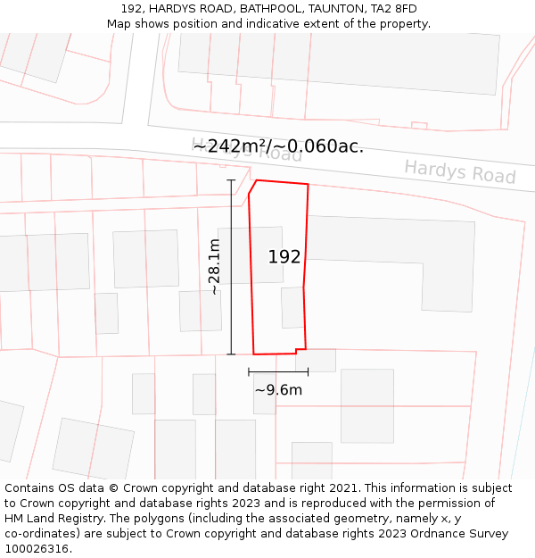 192, HARDYS ROAD, BATHPOOL, TAUNTON, TA2 8FD: Plot and title map
