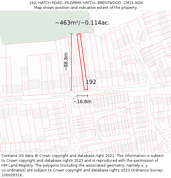 192, HATCH ROAD, PILGRIMS HATCH, BRENTWOOD, CM15 9QN: Plot and title map