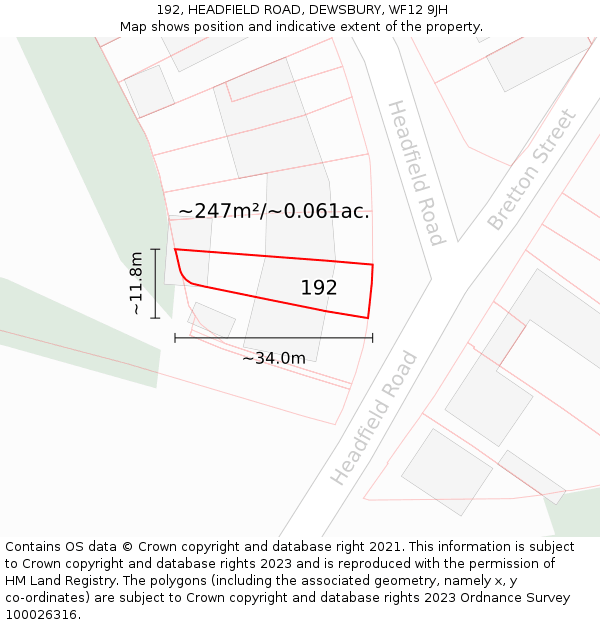 192, HEADFIELD ROAD, DEWSBURY, WF12 9JH: Plot and title map