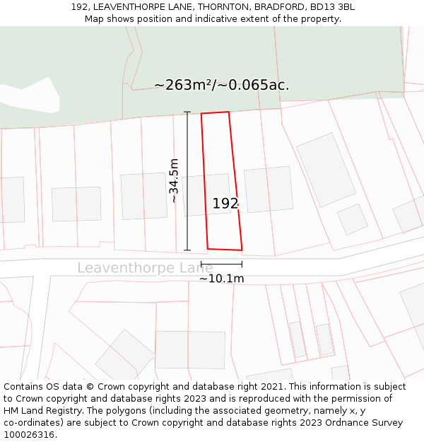 192, LEAVENTHORPE LANE, THORNTON, BRADFORD, BD13 3BL: Plot and title map