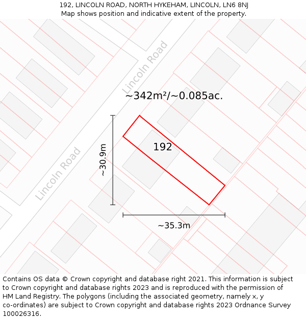 192, LINCOLN ROAD, NORTH HYKEHAM, LINCOLN, LN6 8NJ: Plot and title map