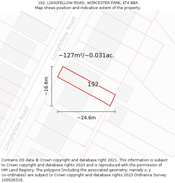 192, LONGFELLOW ROAD, WORCESTER PARK, KT4 8BA: Plot and title map