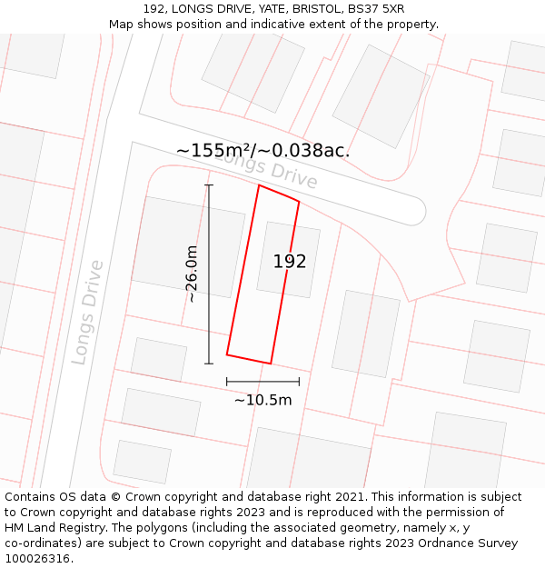 192, LONGS DRIVE, YATE, BRISTOL, BS37 5XR: Plot and title map