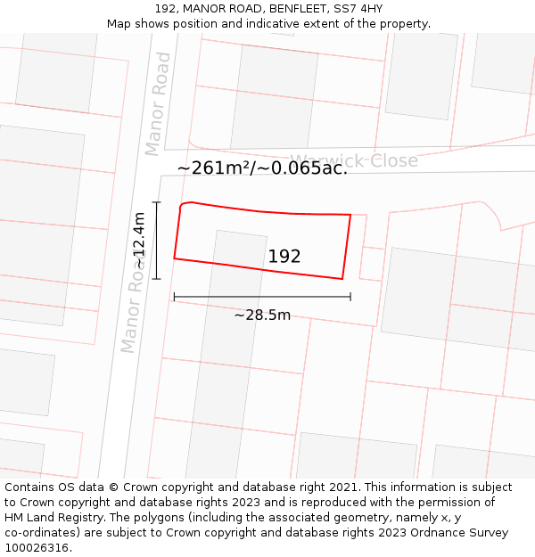 192, MANOR ROAD, BENFLEET, SS7 4HY: Plot and title map