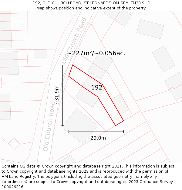 192, OLD CHURCH ROAD, ST LEONARDS-ON-SEA, TN38 9HD: Plot and title map