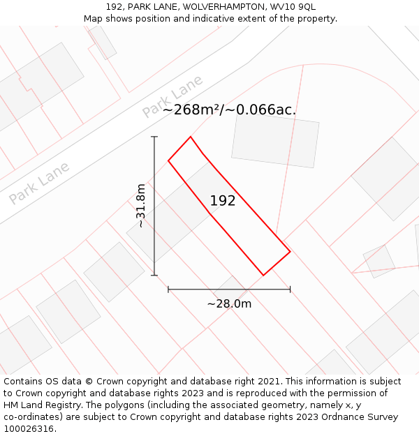 192, PARK LANE, WOLVERHAMPTON, WV10 9QL: Plot and title map