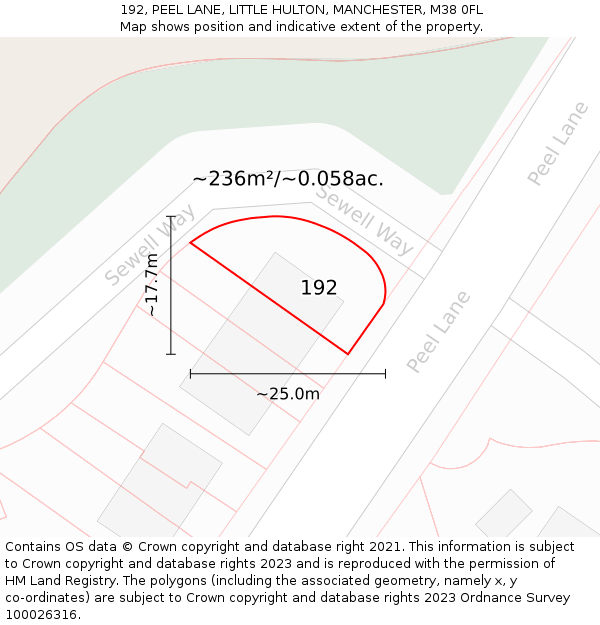 192, PEEL LANE, LITTLE HULTON, MANCHESTER, M38 0FL: Plot and title map