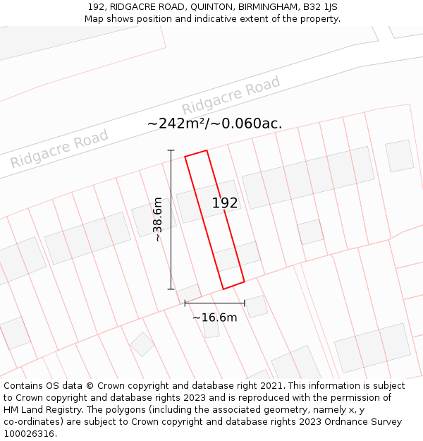 192, RIDGACRE ROAD, QUINTON, BIRMINGHAM, B32 1JS: Plot and title map