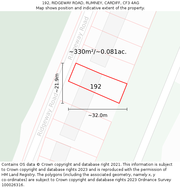 192, RIDGEWAY ROAD, RUMNEY, CARDIFF, CF3 4AG: Plot and title map