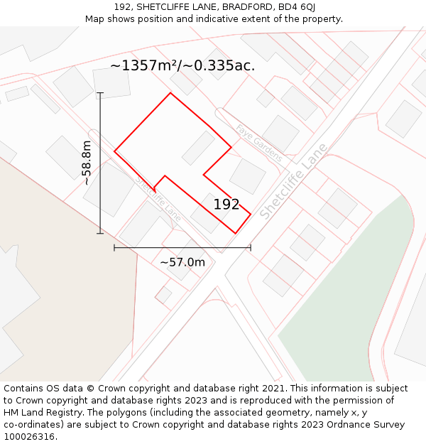192, SHETCLIFFE LANE, BRADFORD, BD4 6QJ: Plot and title map