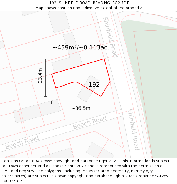 192, SHINFIELD ROAD, READING, RG2 7DT: Plot and title map