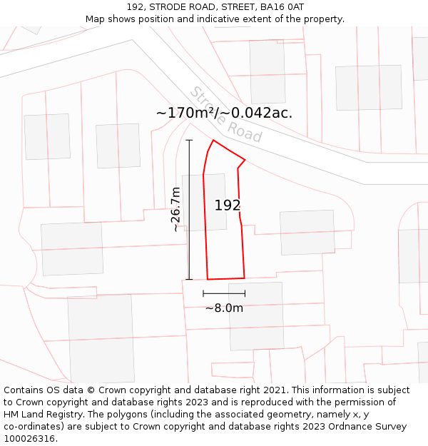192, STRODE ROAD, STREET, BA16 0AT: Plot and title map