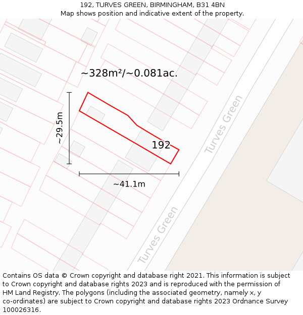 192, TURVES GREEN, BIRMINGHAM, B31 4BN: Plot and title map