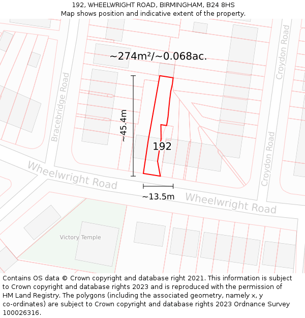 192, WHEELWRIGHT ROAD, BIRMINGHAM, B24 8HS: Plot and title map