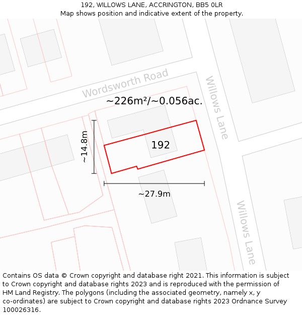 192, WILLOWS LANE, ACCRINGTON, BB5 0LR: Plot and title map