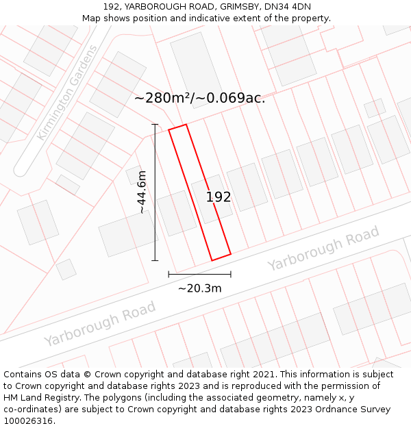 192, YARBOROUGH ROAD, GRIMSBY, DN34 4DN: Plot and title map