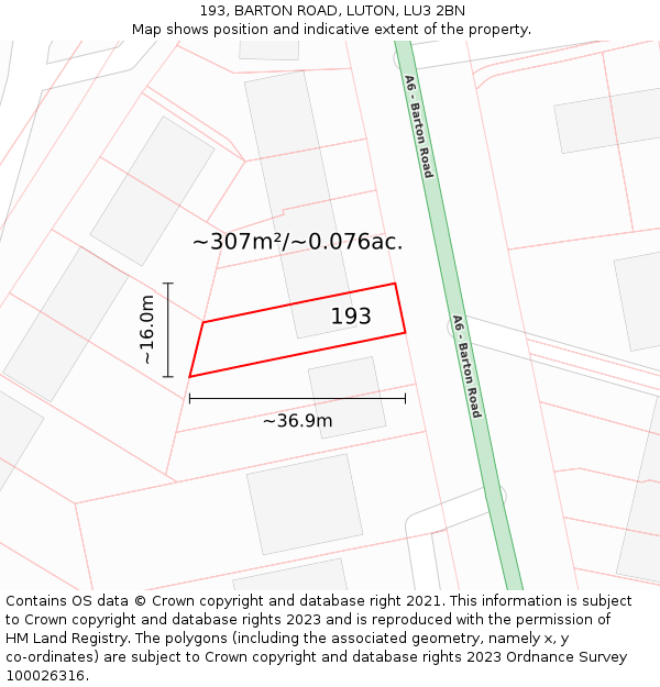 193, BARTON ROAD, LUTON, LU3 2BN: Plot and title map