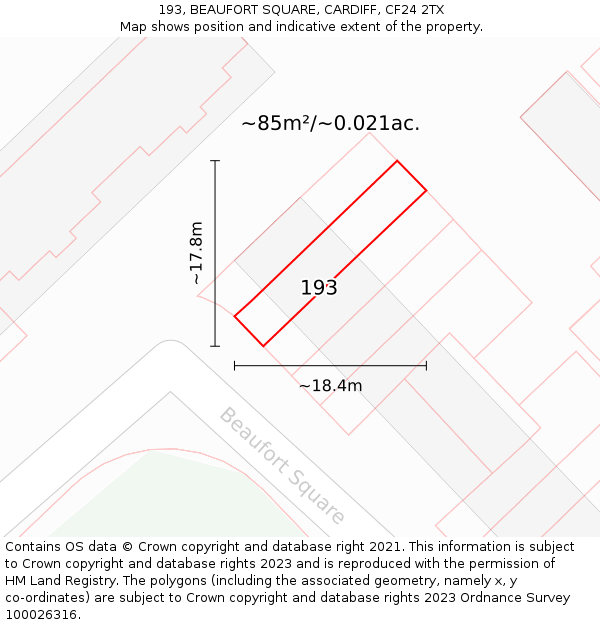 193, BEAUFORT SQUARE, CARDIFF, CF24 2TX: Plot and title map